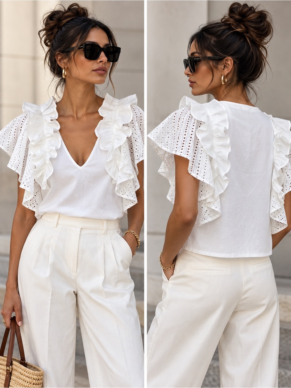 NWT Club Monaco White Cotton Eyelet Ruffle Blouse Top Size S
